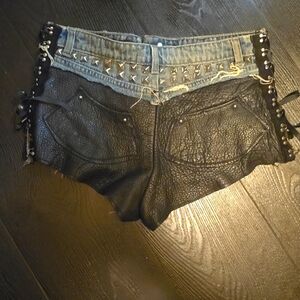 Upcycle Denim and Leather Studded Shorts